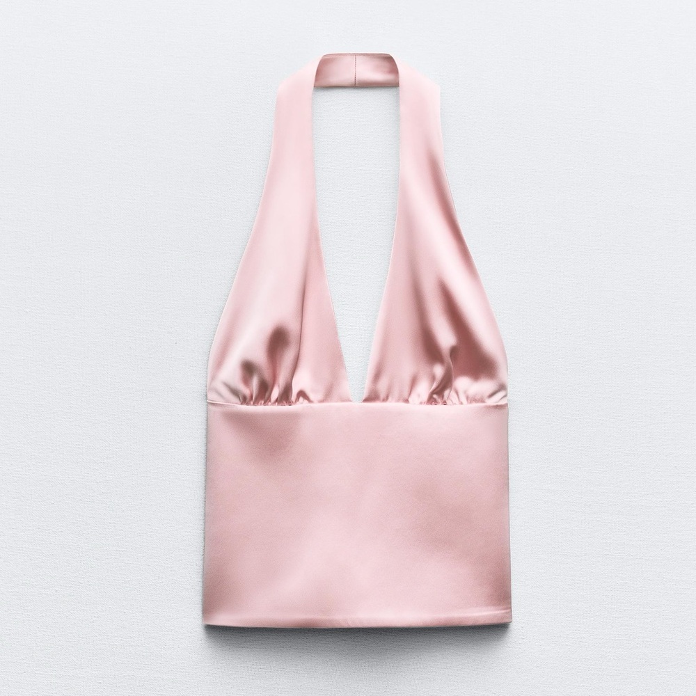 Zara Baby Pink Satin Halter Top Open Back XS